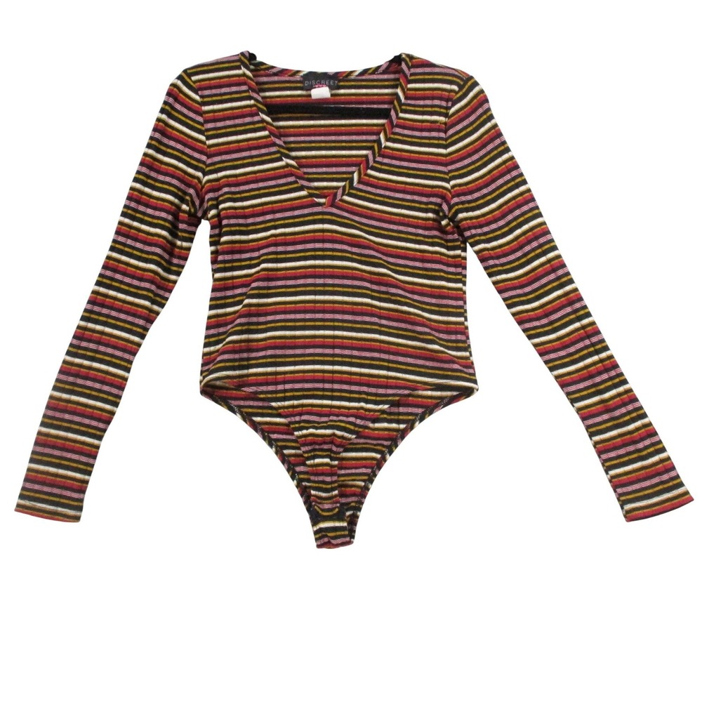 Discreet Striped Ribbed Knit V-Neck Long‎ Sleeve Bodysuit Red Yellow Black 10471